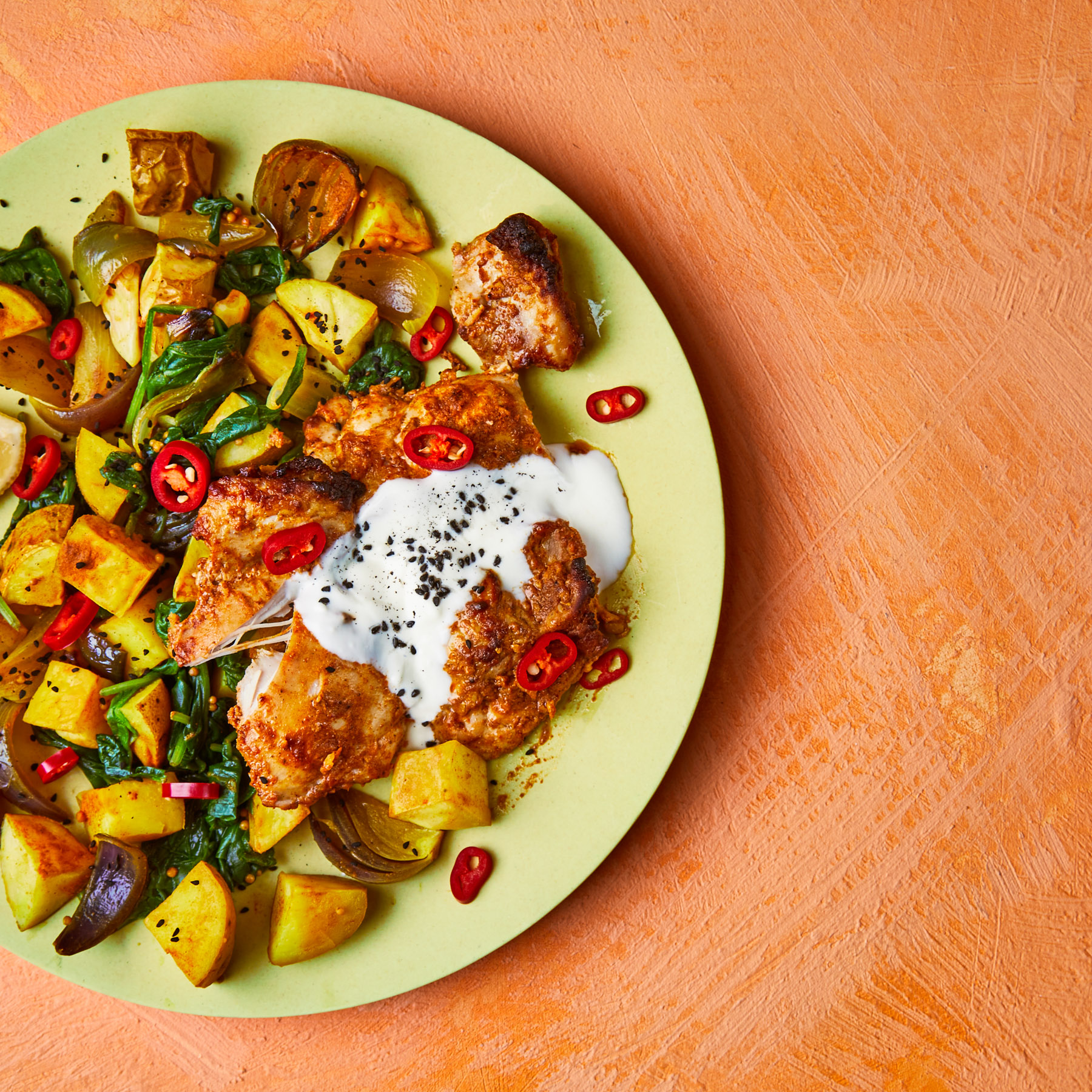 IndianSpiced Chicken Tray Bake With Spinach Recipe Gousto