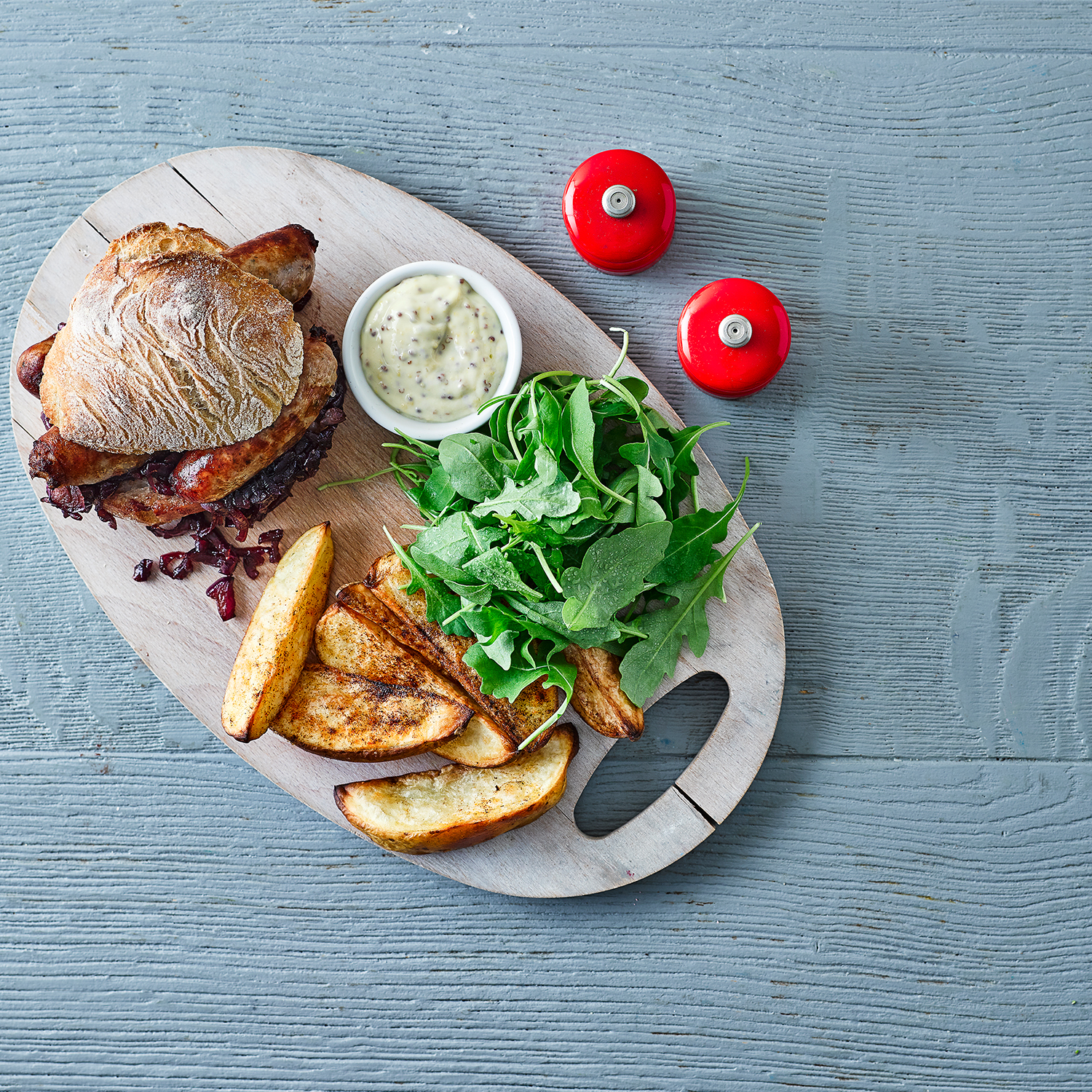 Sausage & Mustard Sarnie With Chips & Rocket Recipe Gousto