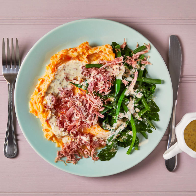 Ham Hock, Creamy Mustard Sauce & Garlicky Greens Recipe Gousto