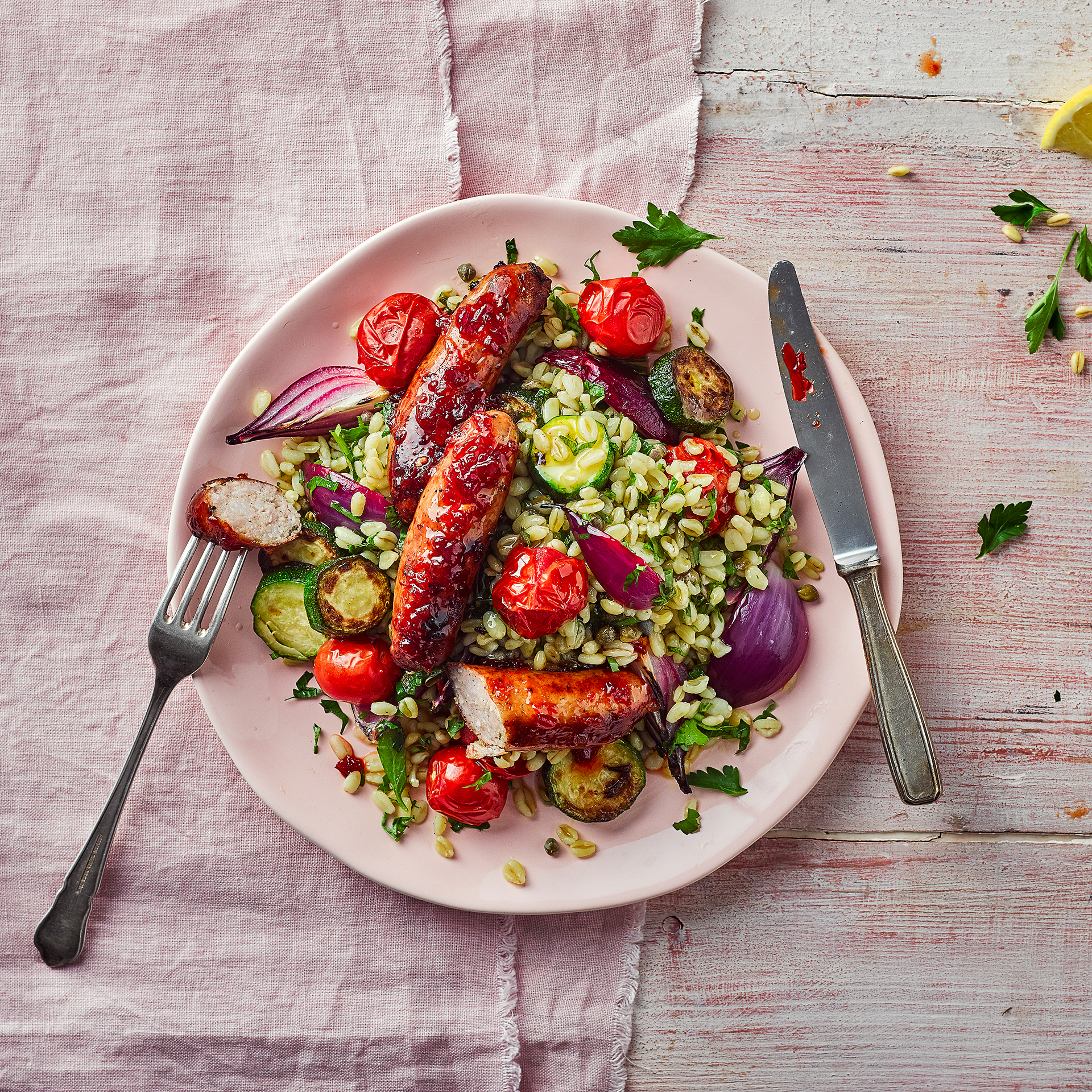 Sticky Chilli Sausages, Roast Veg & Gremolata Recipe Gousto