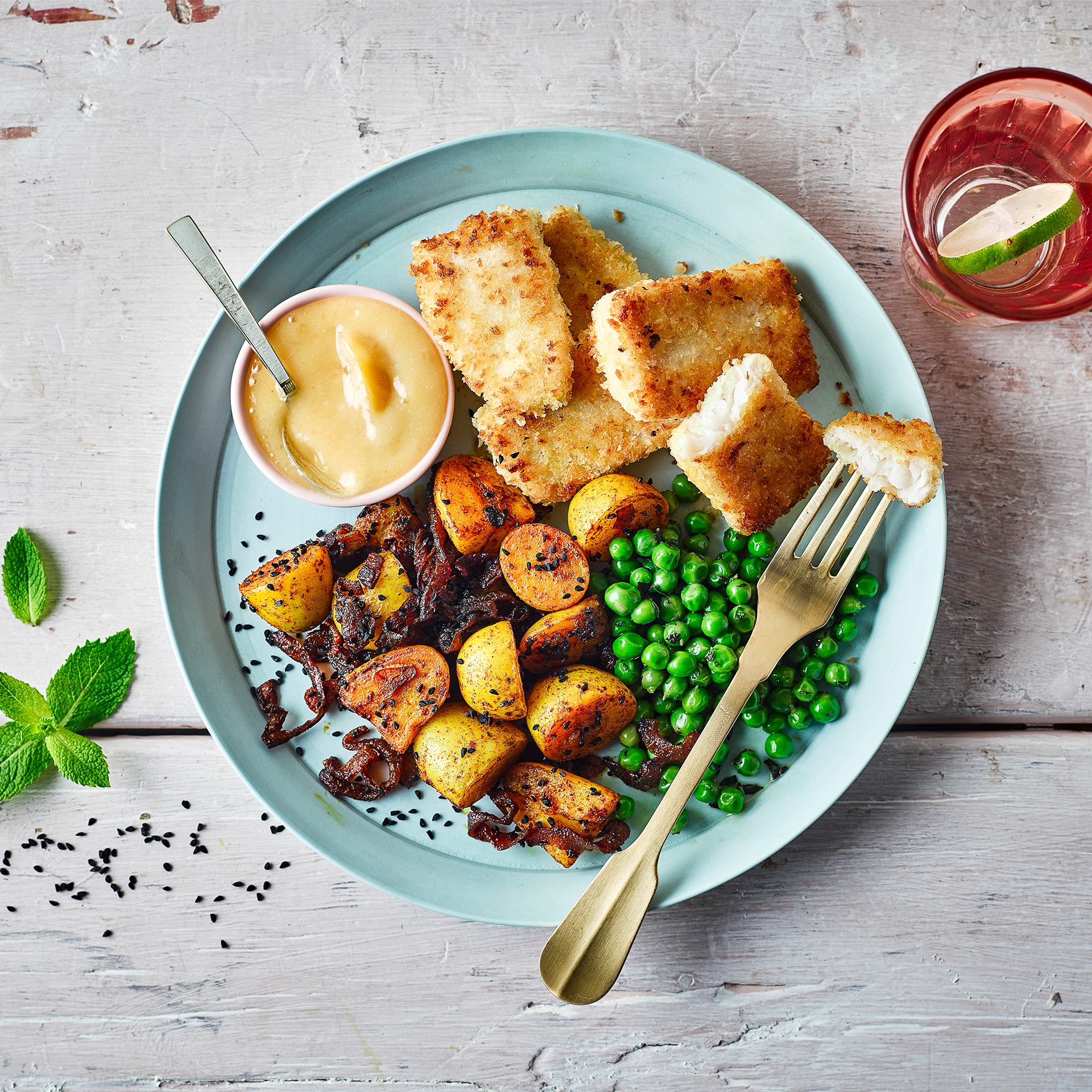 Spiced Fish Fingers, Nigella Spuds, Minty Peas Recipe Gousto