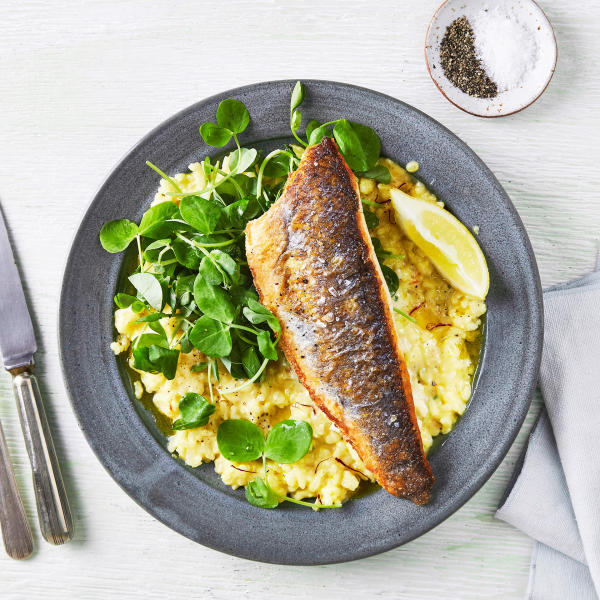 Sea Bass & Pea Shoots On Saffron Risotto Recipe Gousto