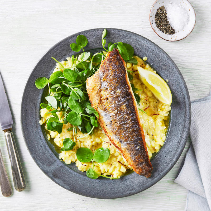 Sea Bass & Pea Shoots On Saffron Risotto Recipe Gousto