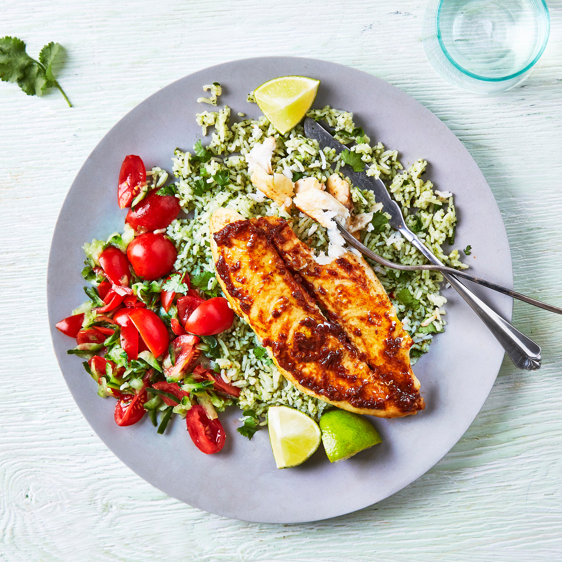 Chipotle Fish, Green Rice & Cucumber Salsa Recipe Gousto