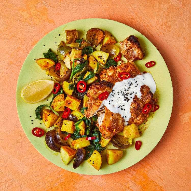 IndianSpiced Chicken Tray Bake With Spinach Recipe Gousto
