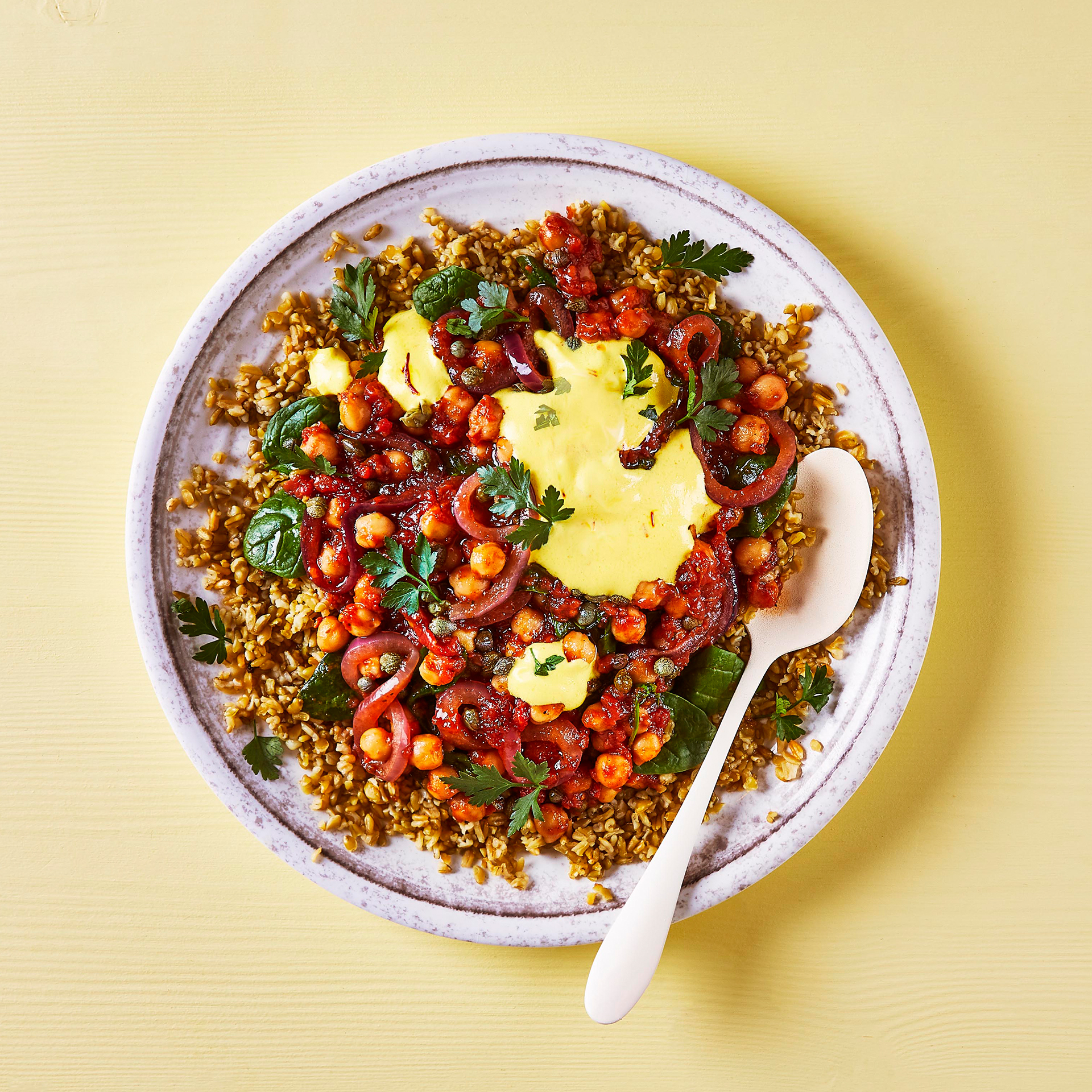Spanish Chickpea & Spinach Stew With Saffron Yoghurt Recipe Gousto
