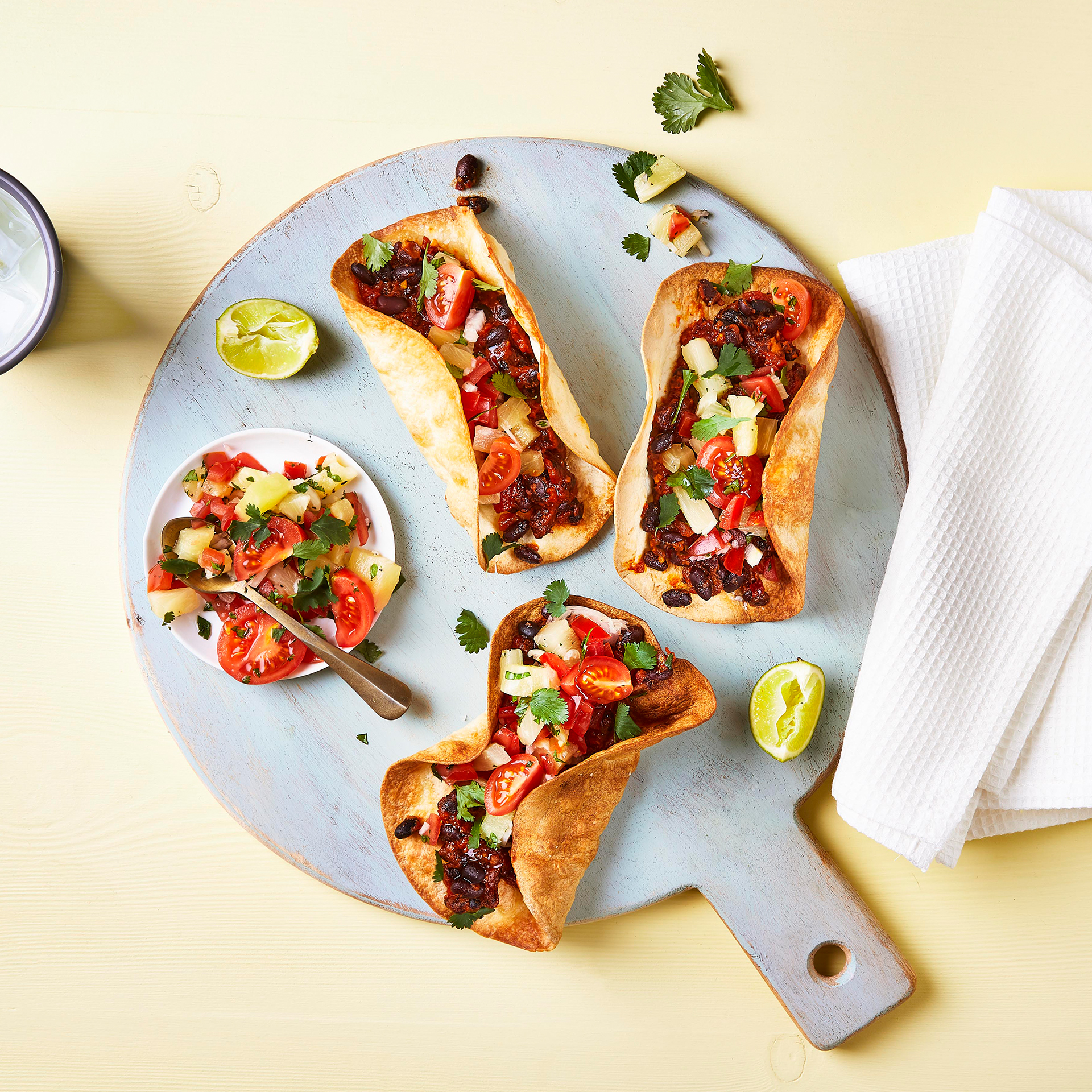 Crispy Baked Tacos, Refried Beans & Pineapple Salsa Recipe Gousto