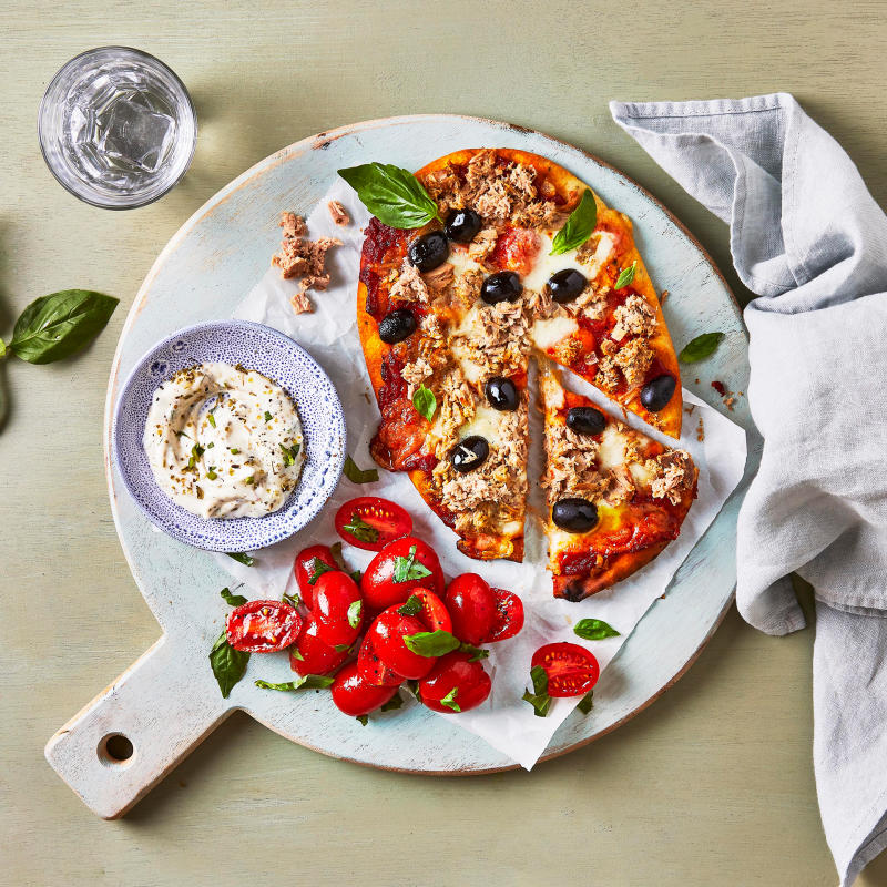 Tuna & Olive Pizza With Herby Garlic Dip Recipe Gousto