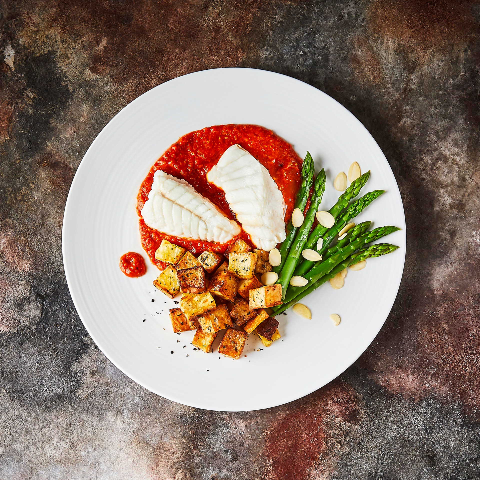 PanFried Monkfish, Romesco, ThymeRoasted Potatoes & Asparagus Recipe