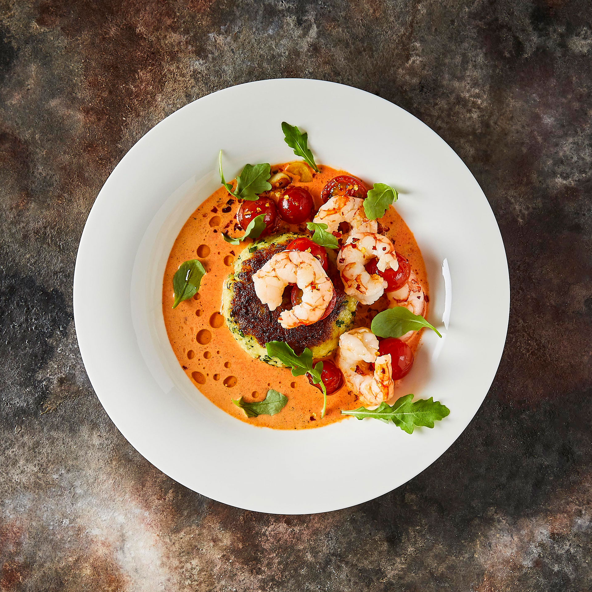Garlic & Chilli Jumbo Prawns, Saffron Potato Cake & Romano Velouté Recipe Gousto