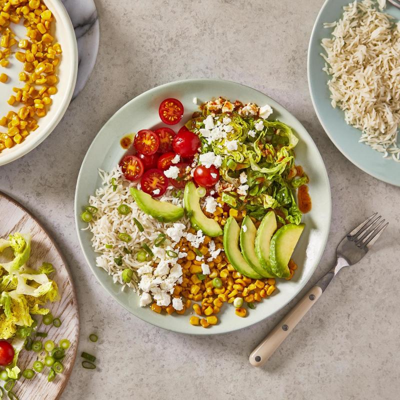 10Min Fried Corn, Avocado & Feta Burrito Bowl Recipe Gousto