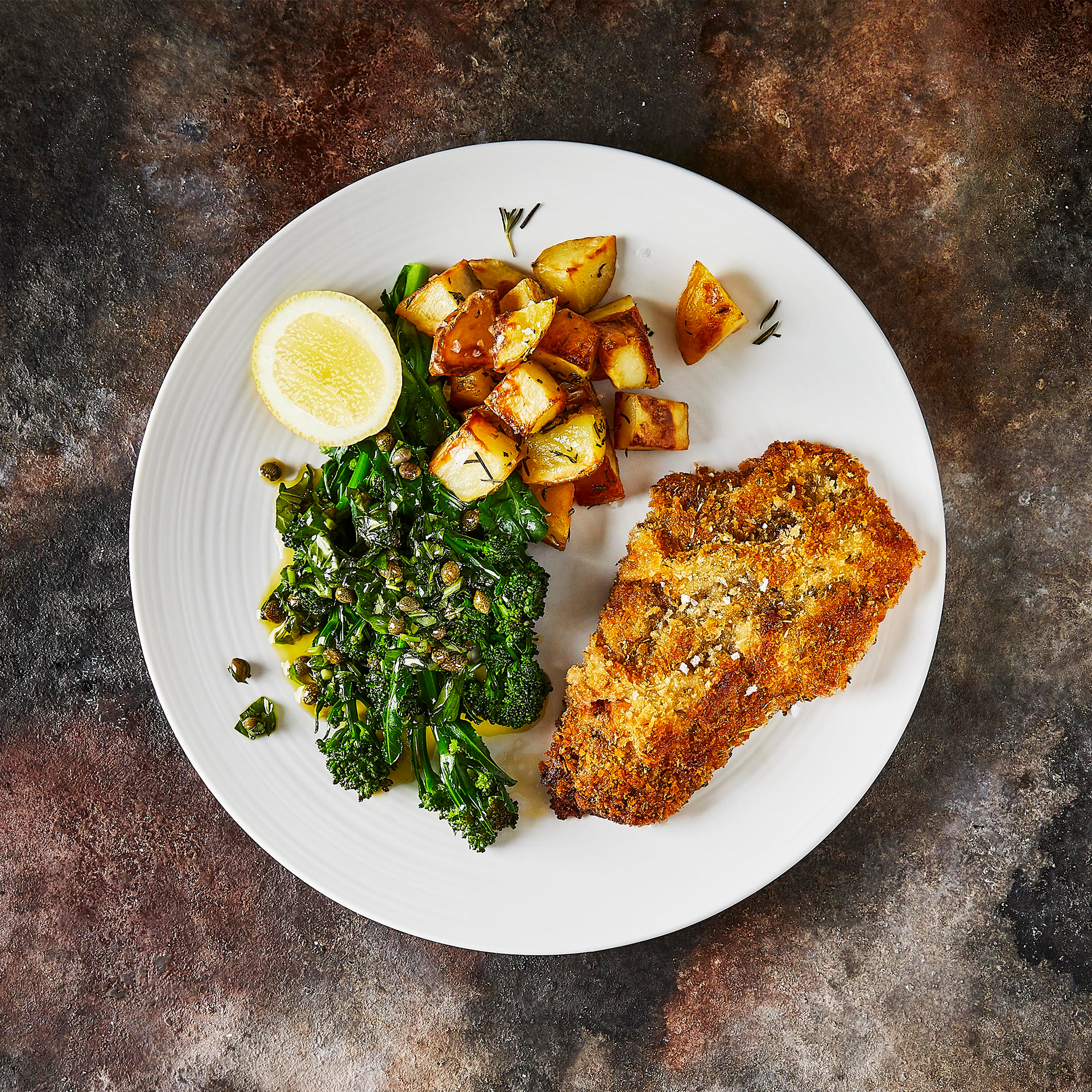 Steak Milanese, Lemon & Caper Broccoli, Rosemary Potatoes Recipe | Gousto