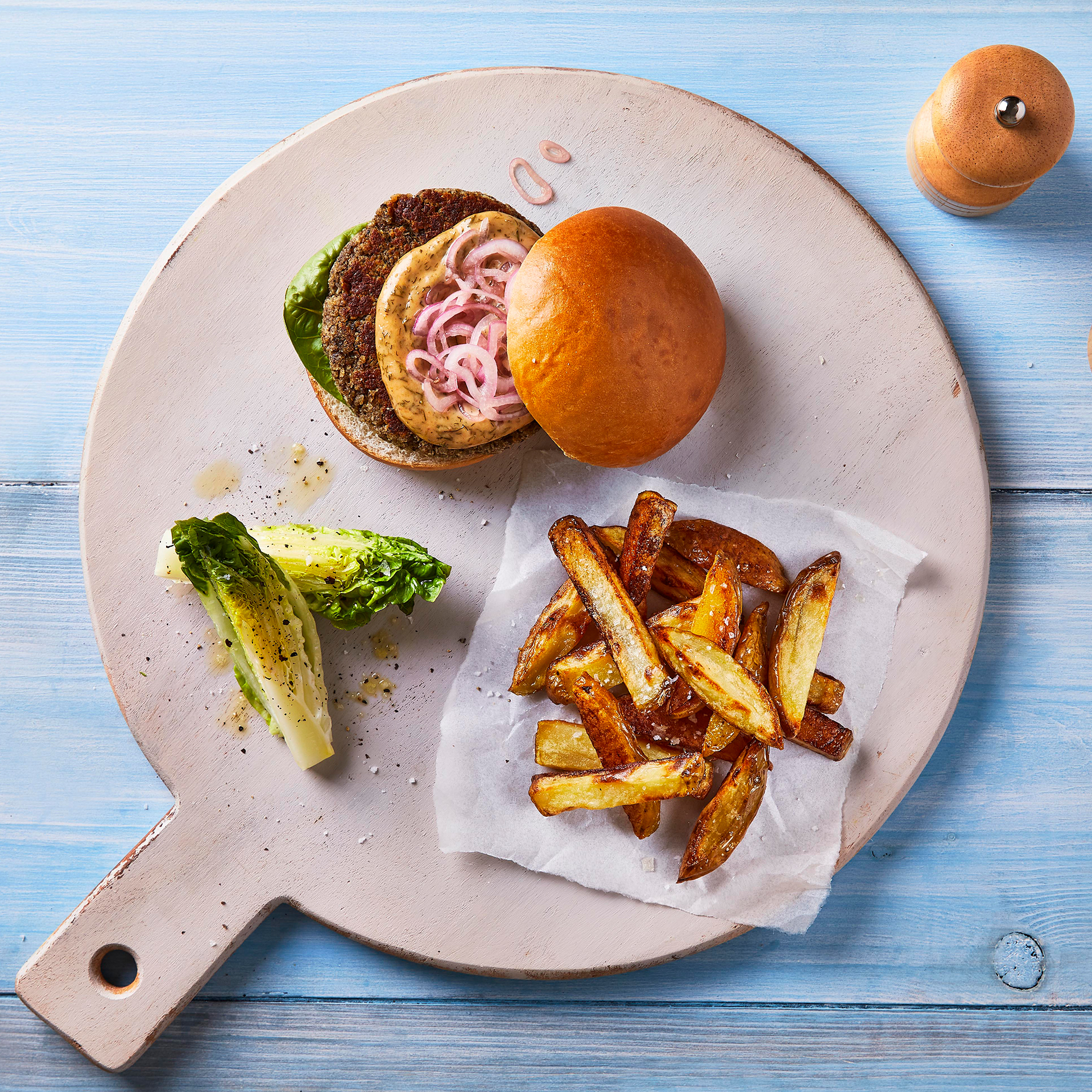 Cheesy Mushroom Burger, Pickled Shallot & Chips Recipe Gousto