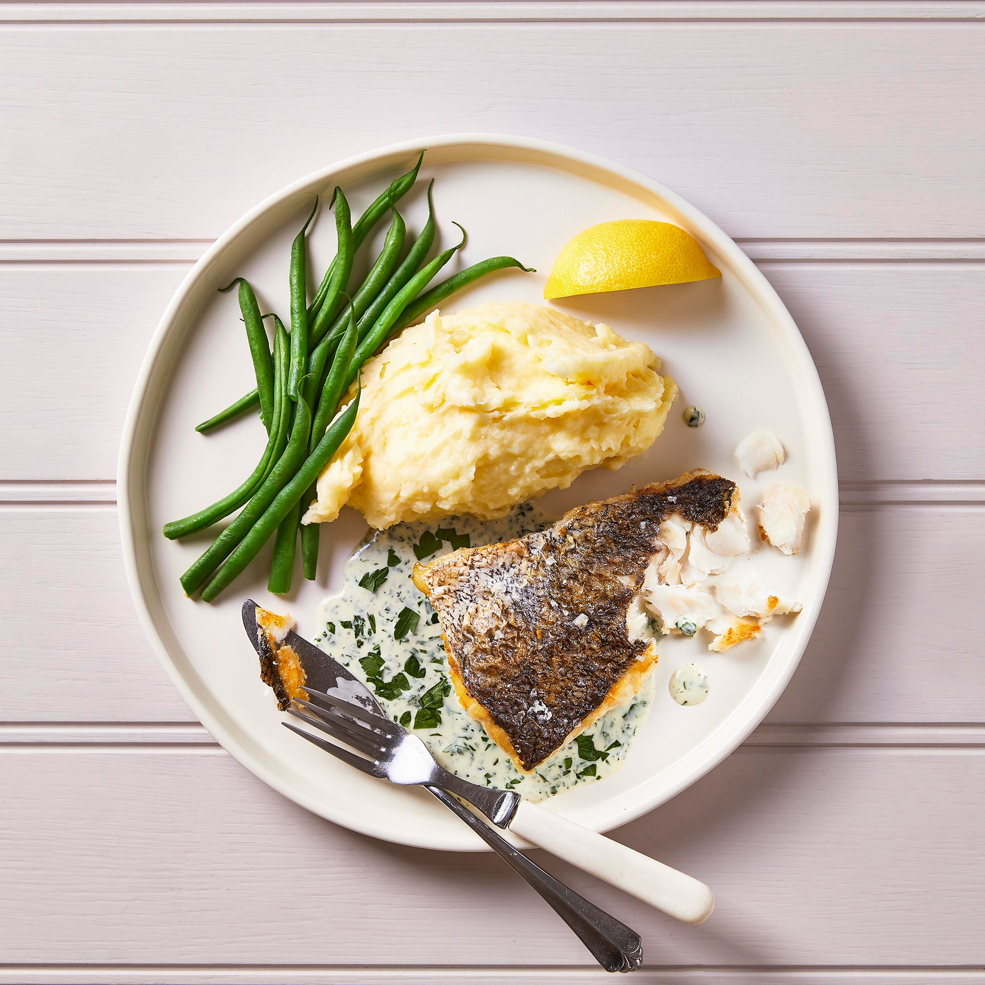 British Hake With Parsley Sauce, Mash & Green Beans Recipe Gousto