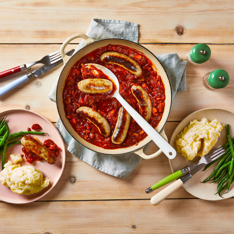 Classic Sausage Casserole With Mash & Green Beans Recipe Gousto