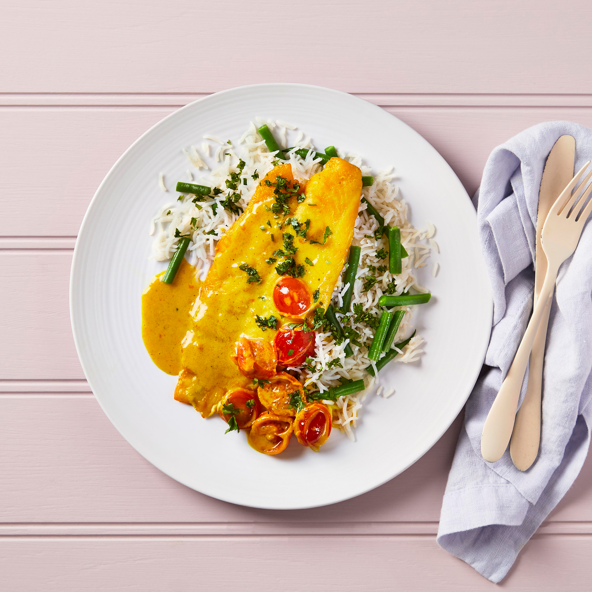 Smoky Fish, Curry Butter Sauce & Green Bean Rice Recipe Gousto