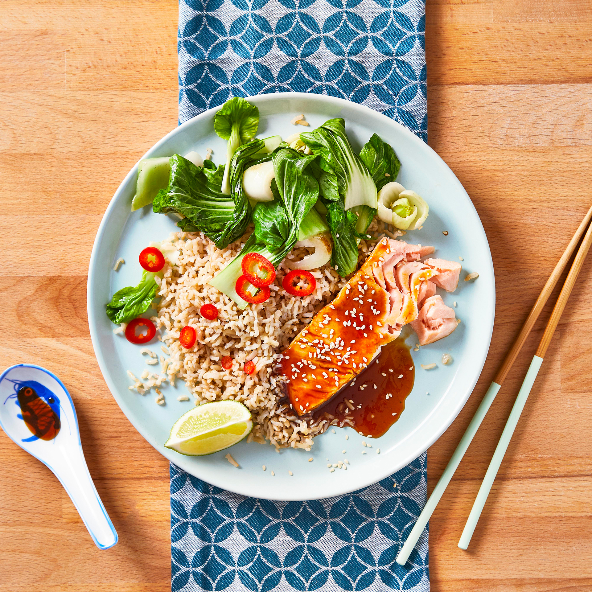 10Min Asian Salmon With Brown Rice & Pak Choi Recipe Gousto