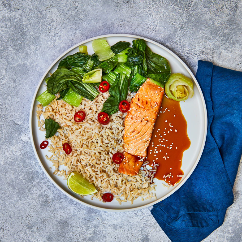 10Min Asian Salmon With Brown Rice & Pak Choi Recipe Gousto