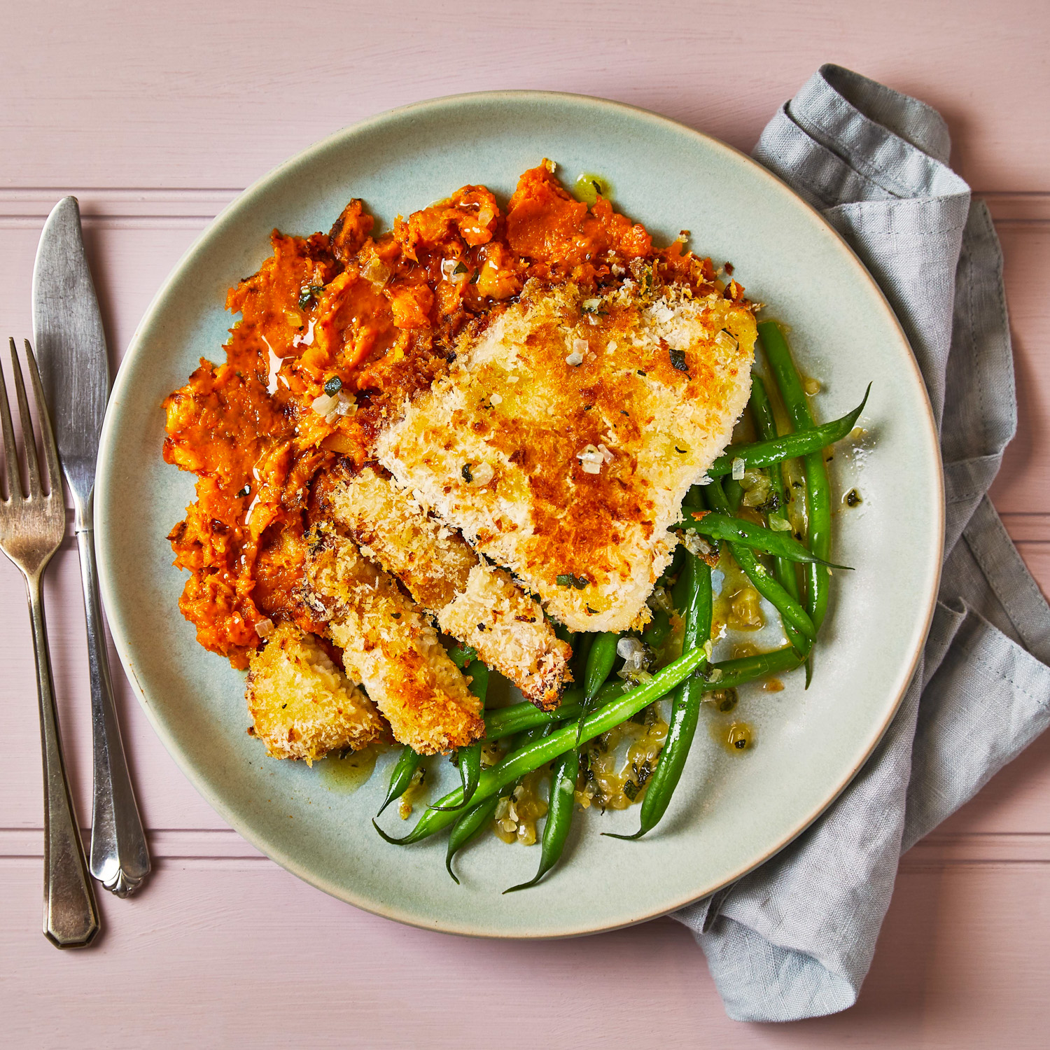 Crispy Horseradish Fish, Crushed Squash & Greens Recipe Gousto
