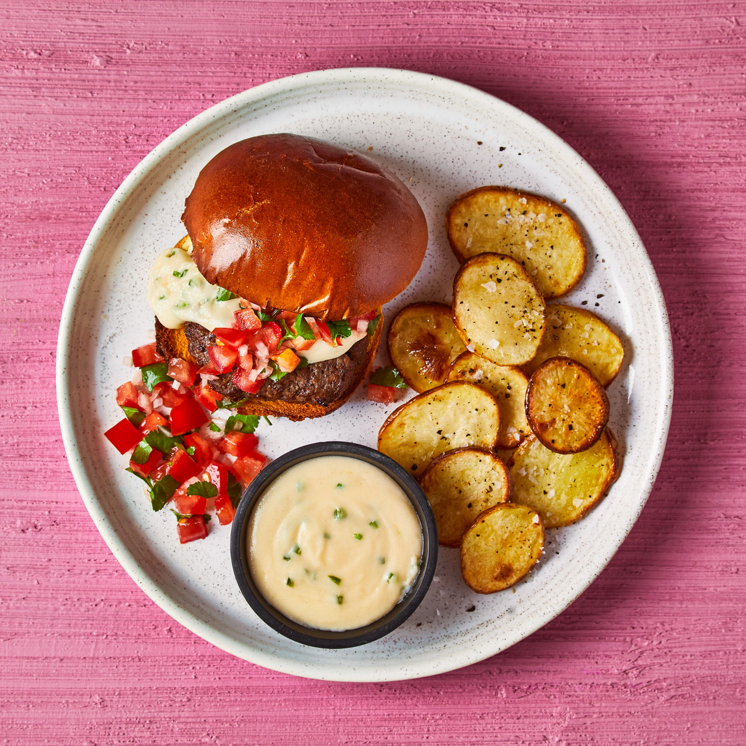 Nacho Chilli Cheese Burger & Crispy Potatoes Recipe Gousto