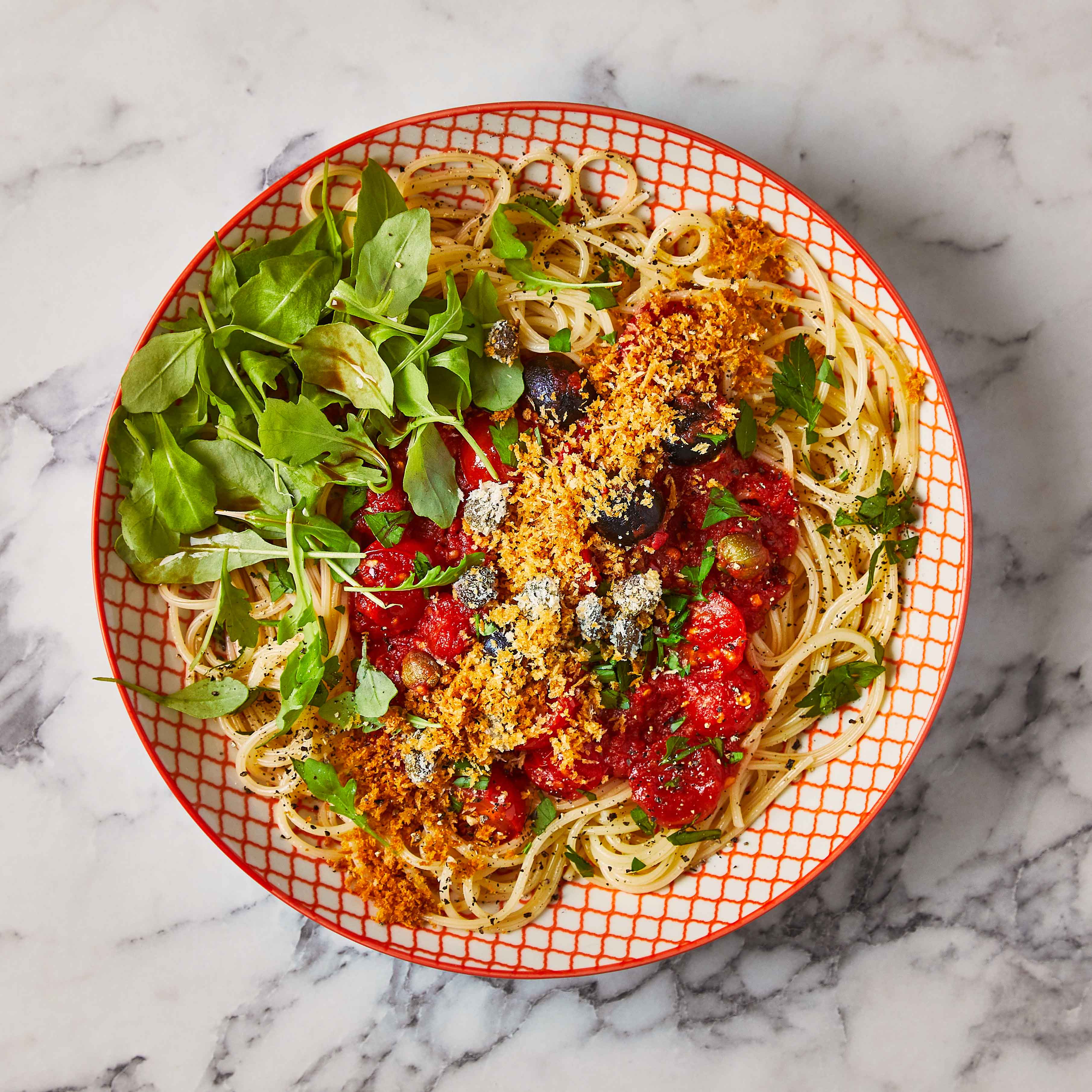 10Min Tomato & Olive Spaghetti With Caper Crumb Recipe Gousto