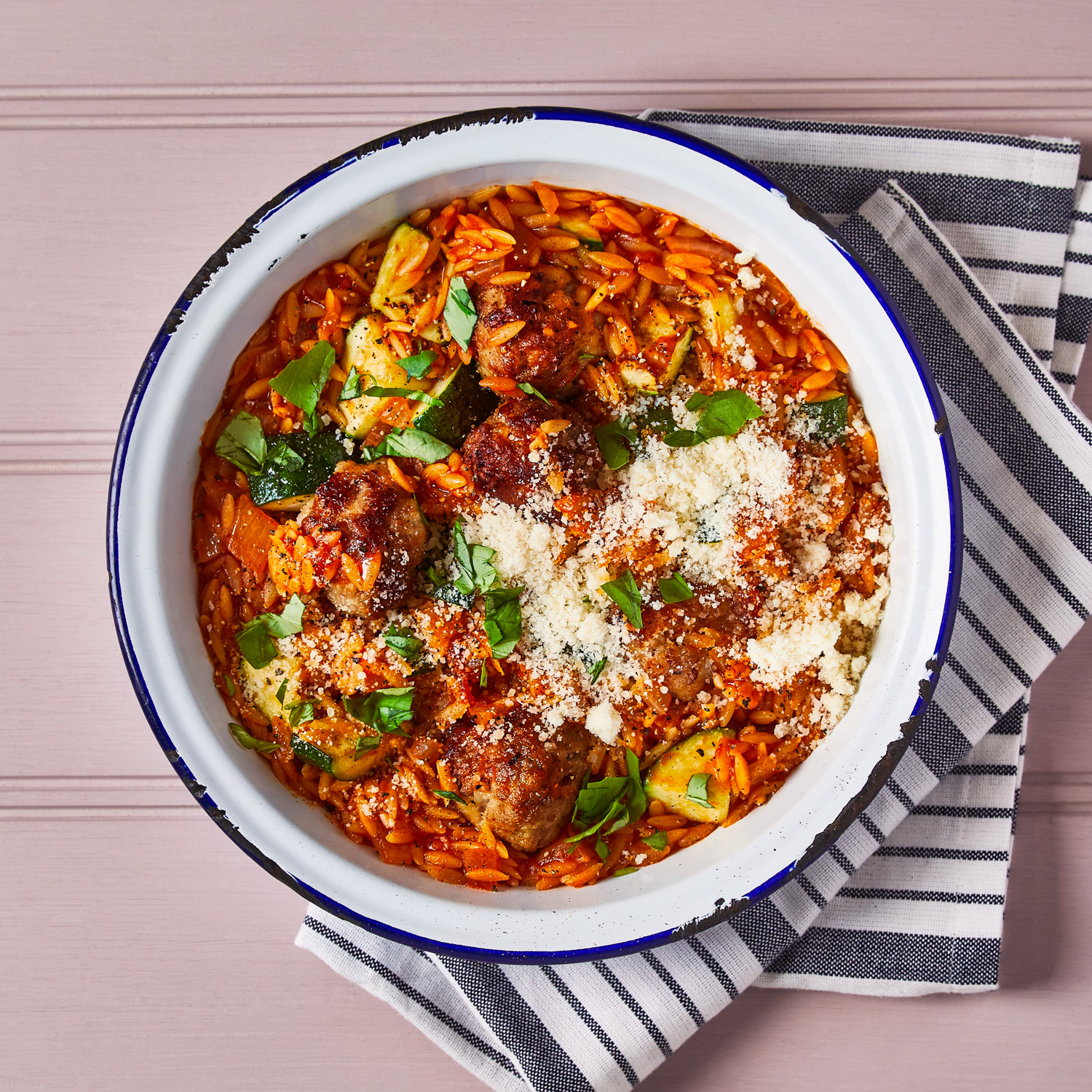 OnePot Meatball, Tomato & Courgette Orzo Recipe Gousto