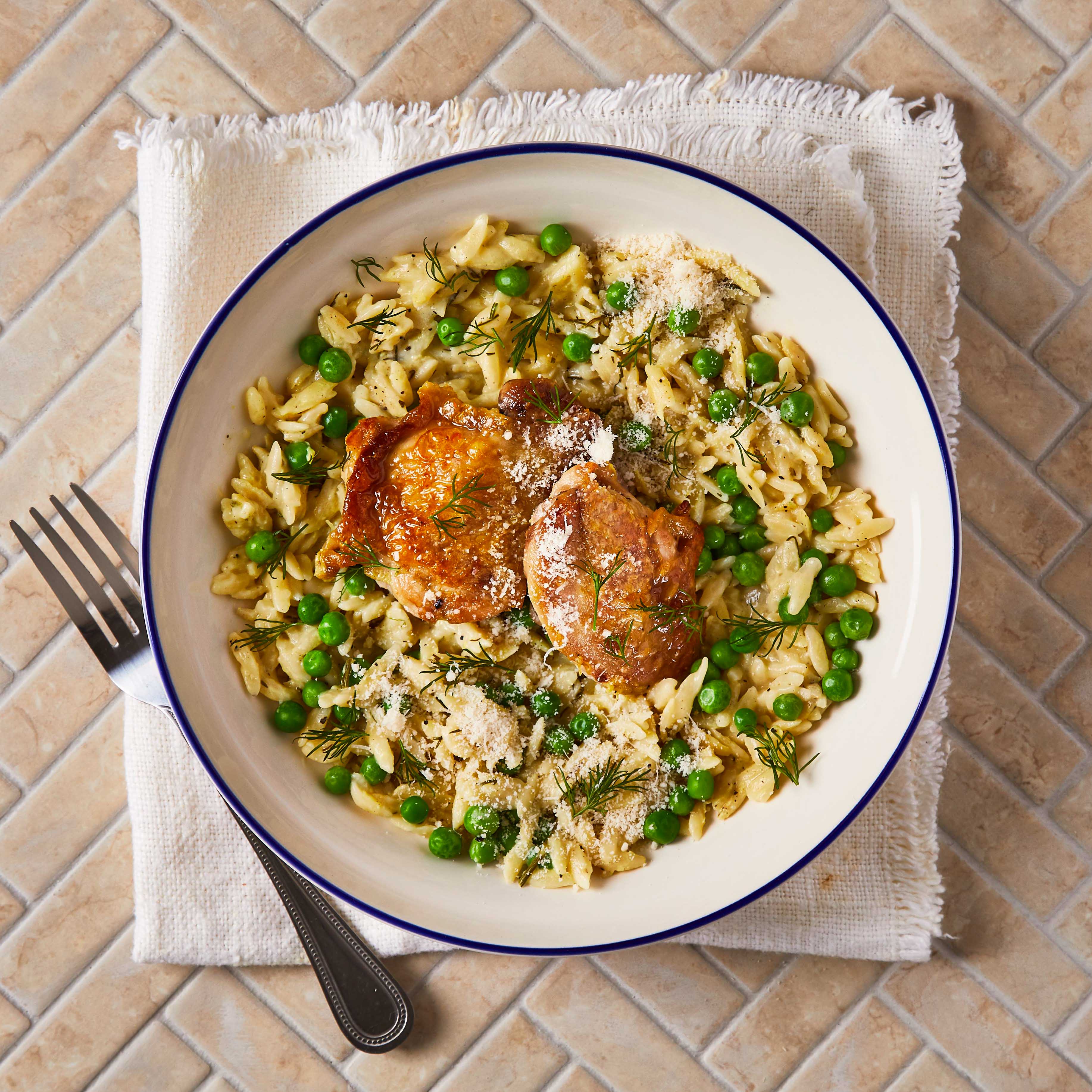 Creamy Baked Orzo & Peas With Crispy Chicken Recipe Gousto