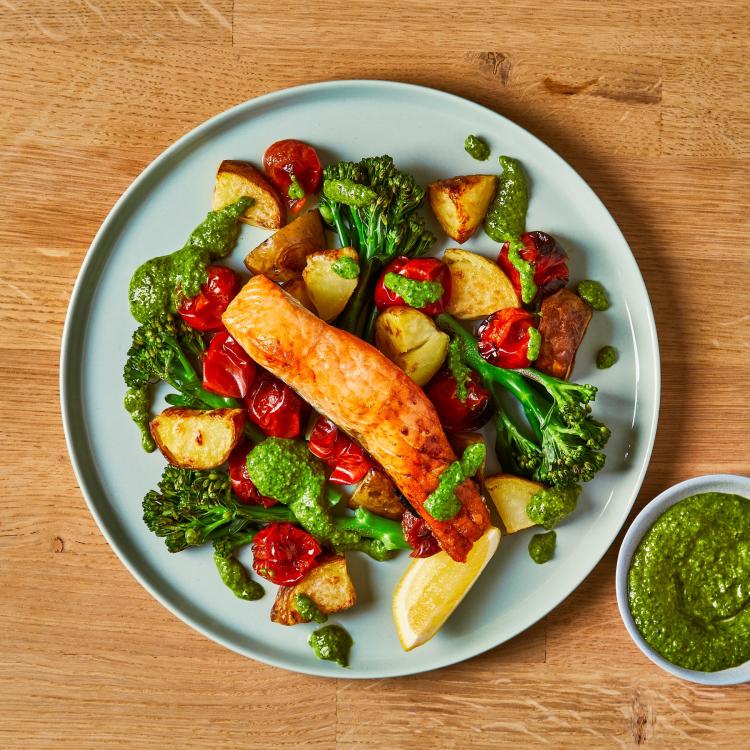 Pesto Salmon & Veg Tray Bake Recipe Gousto