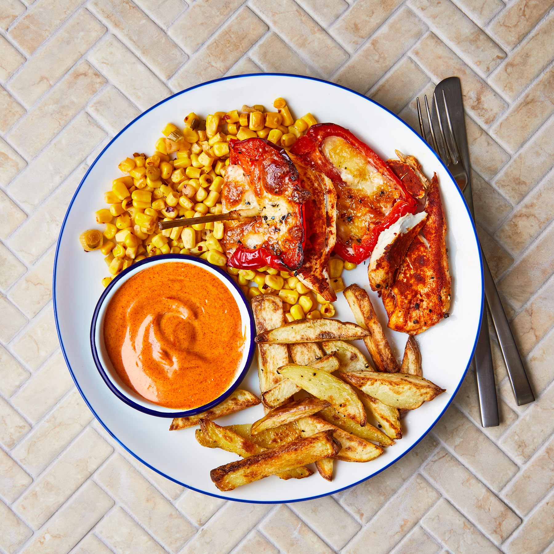 Smoky Chicken Stack, Chilli Sweetcorn & Chips Recipe Gousto