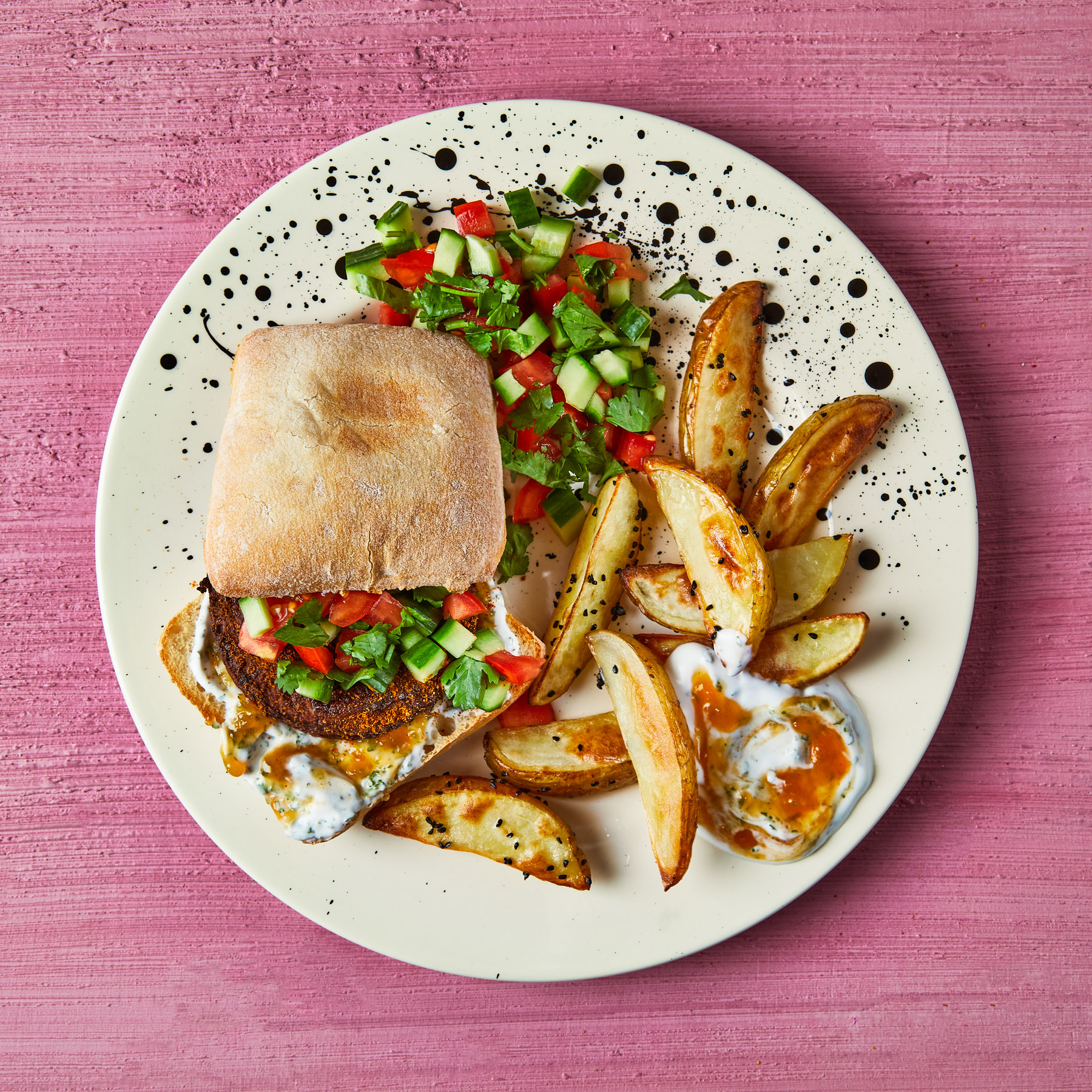 IndianStyle Vegan Burger With Spiced Wedges Recipe Gousto