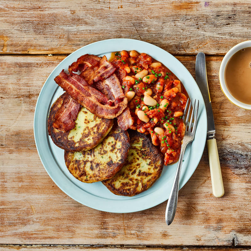 Potato Cakes With Crispy Bacon & Beans Recipe Gousto