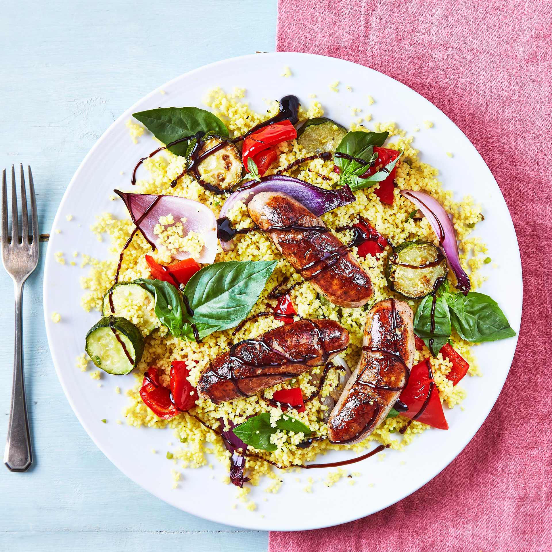 Balsamic Sausages, Basil & Roast Veg Couscous Recipe Gousto