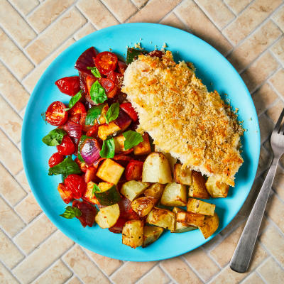 Cheesy Baked Basa With Mediterranean-Style Veg