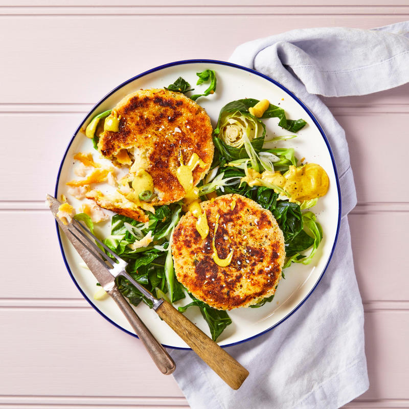 Smoky Fish Cakes, Greens & Curried Mayo Recipe Gousto