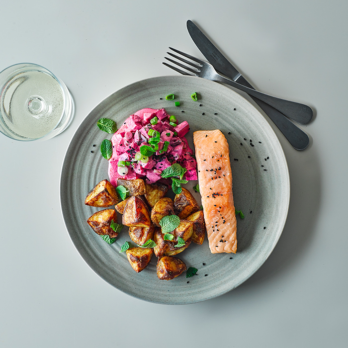 Salmon, Spicy Potatoes & Beetroot Raita Recipe Gousto