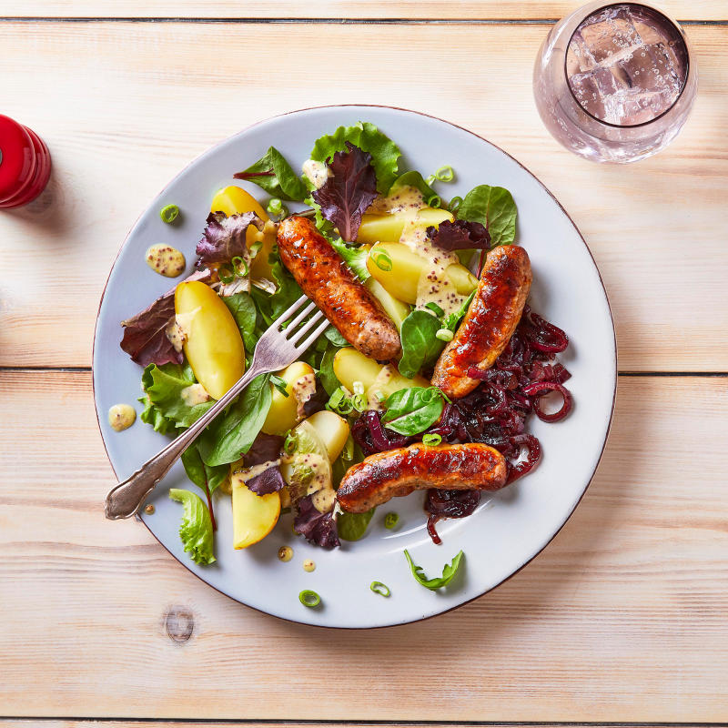 Sausages With Potato Salad & Caramelised Onion Recipe Gousto