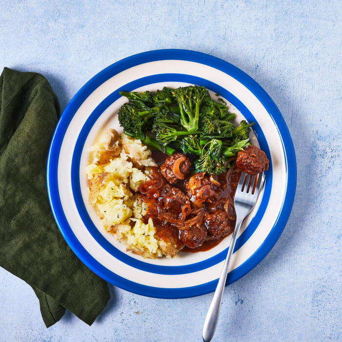 Saucy Onion Gravy Beef Meatballs & Crushed Potatoes
