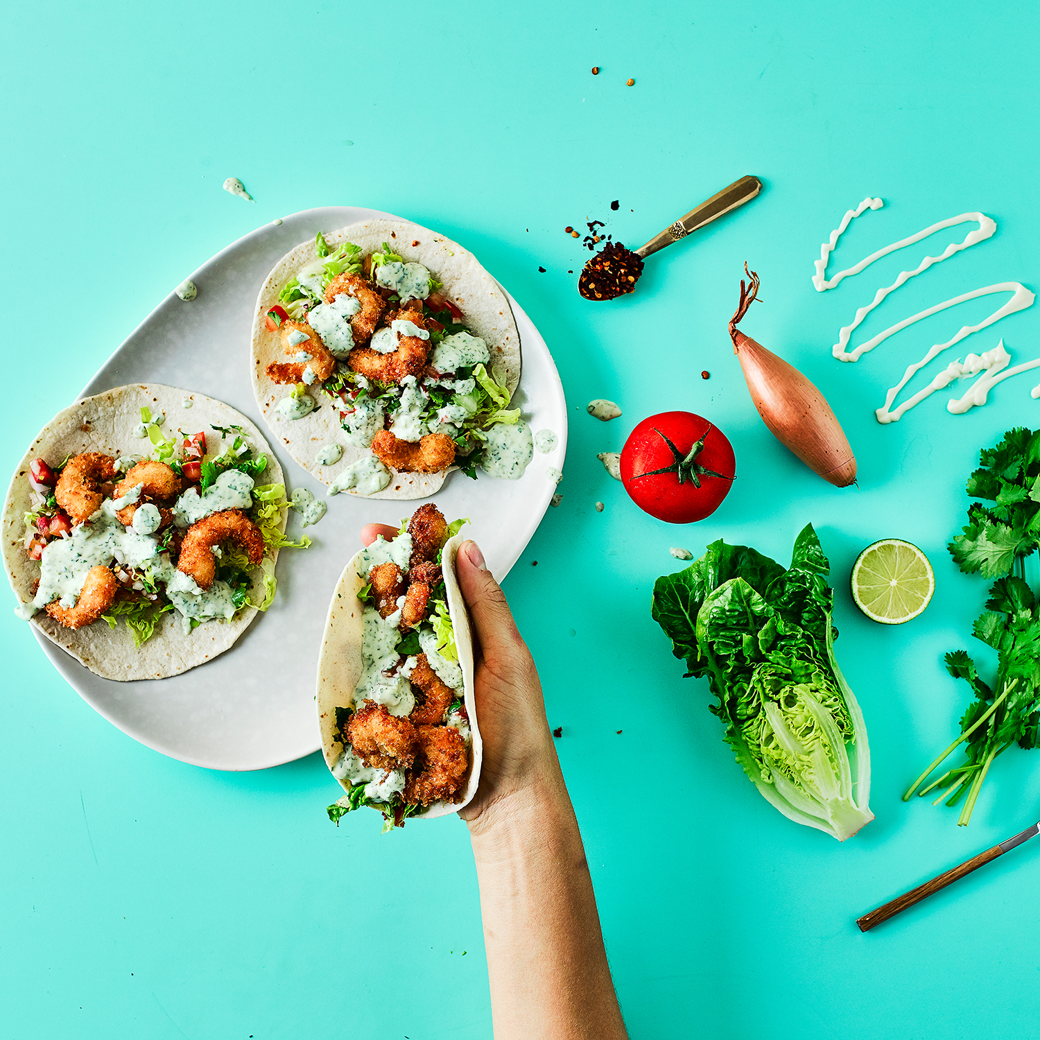 Crispy Prawn Tacos With Coriander Mayo Recipe Gousto