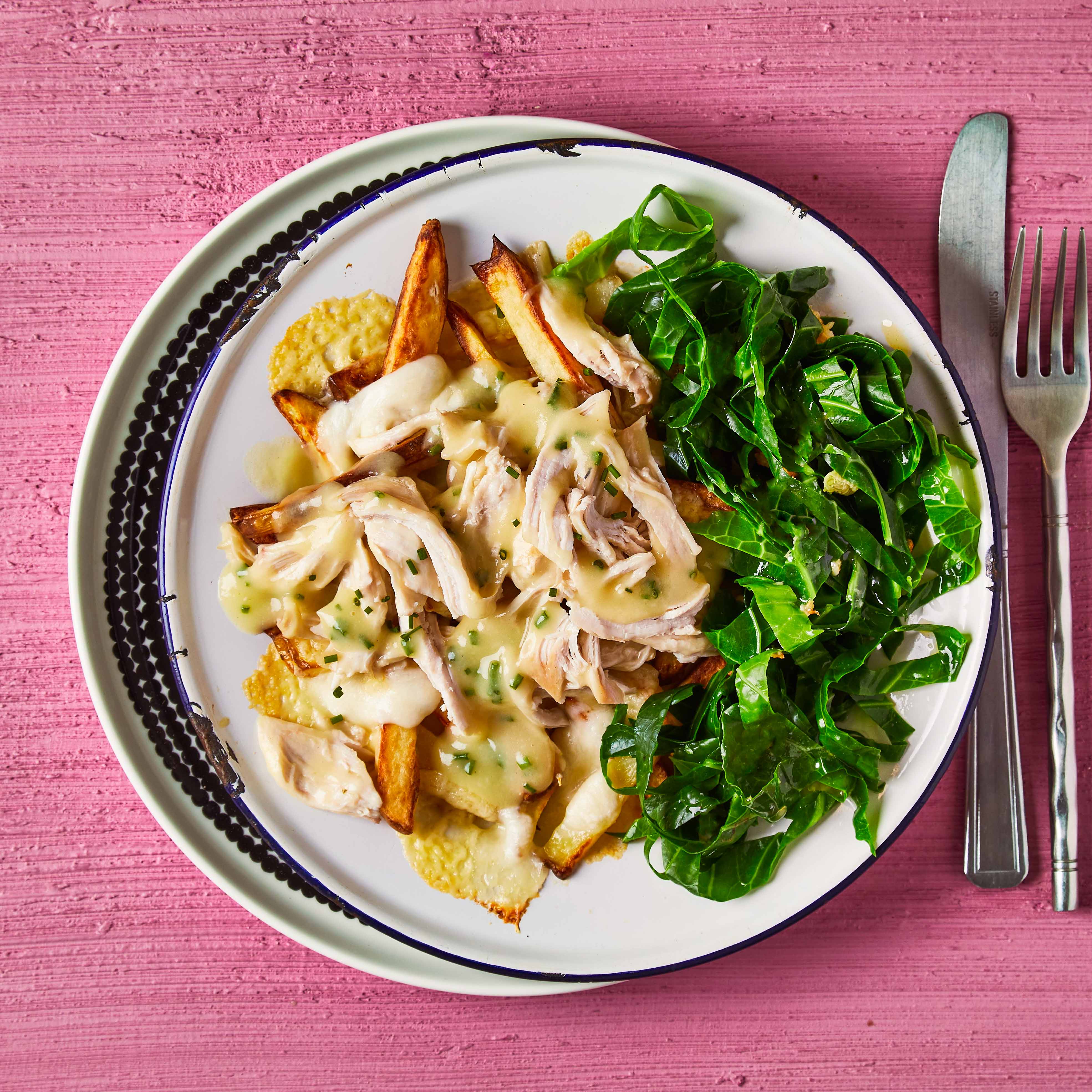 Chicken Poutine & Garlic Butter Greens Recipe Gousto