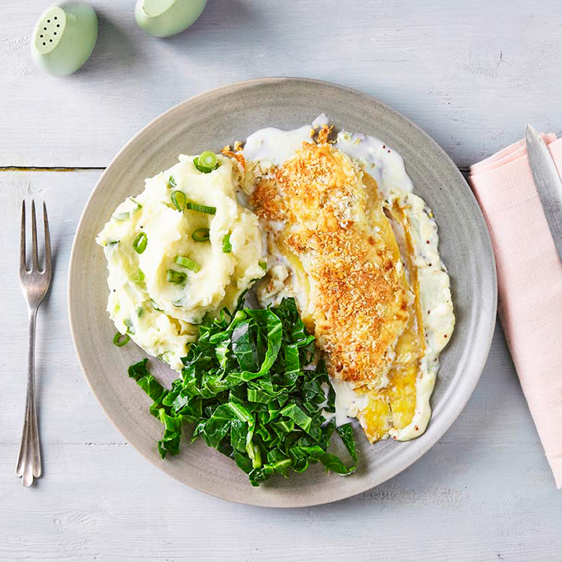 Smoked Fish Gratin, Spring Onion Mash & Garlicky Greens Recipe Gousto