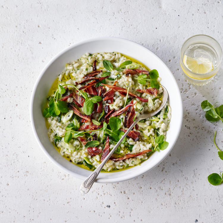 Candied Bacon & Pea Shoot Risotto Recipe Gousto