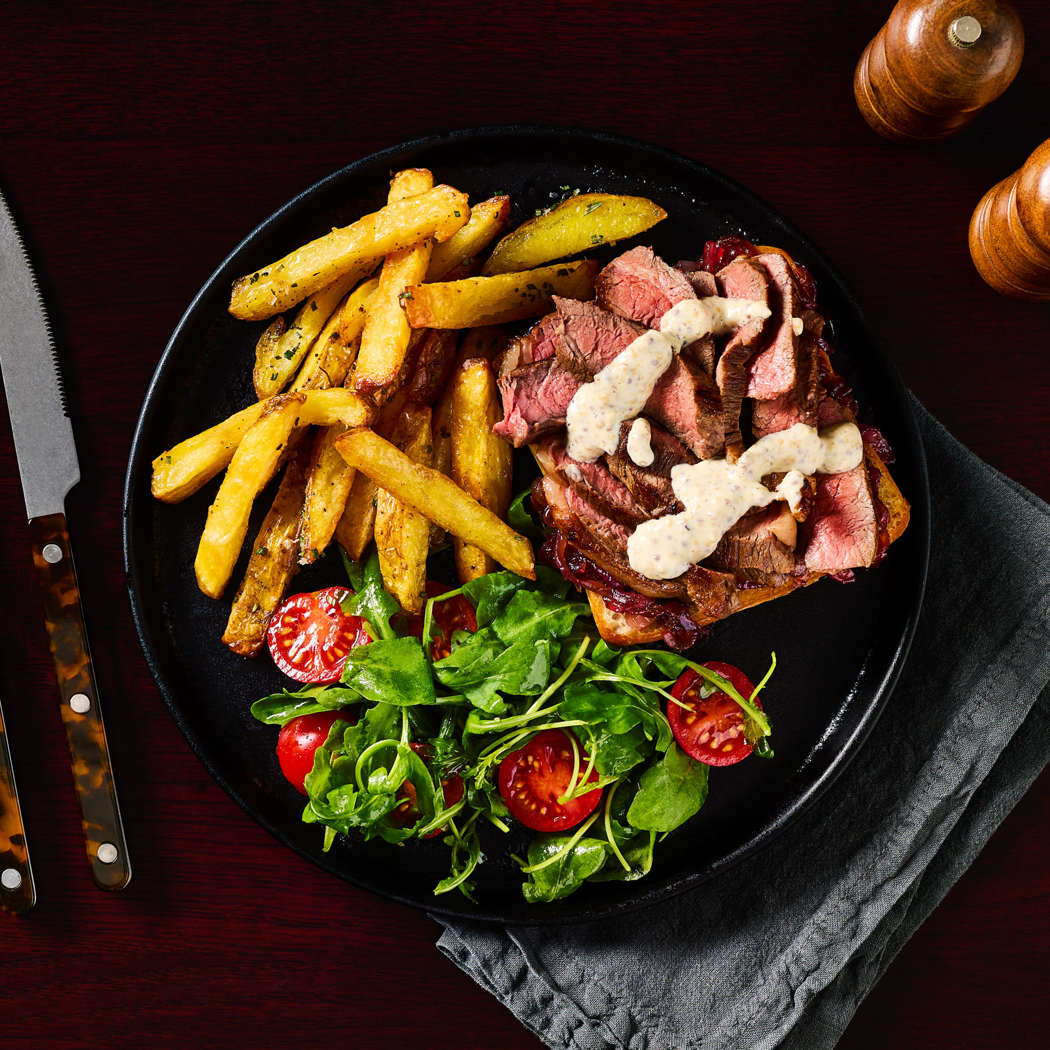 Open Steak Sandwich With Balsamic Onions And Chips Open Steak Sandwich With Balsamic Onions And Chips