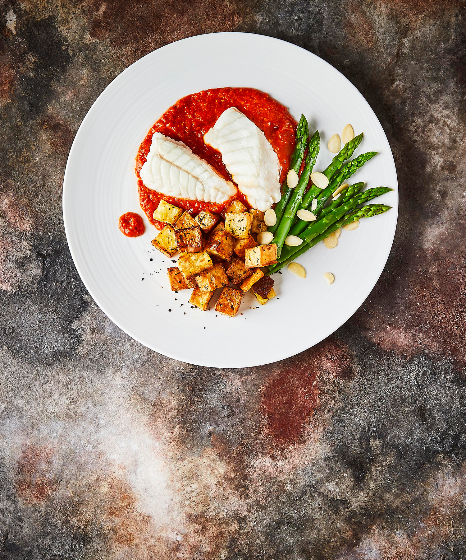 PanFried Monkfish, Romesco, ThymeRoasted Potatoes & Asparagus Recipe